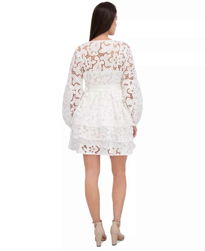 Siena Women's Blouson-Sleeve Tiered Lace A-Line Dress Women's Fashion Shoes & Accessories