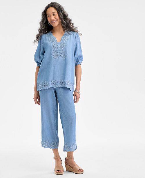 Style & Co Eyelet-Embroidered Top Cropped Pants & Wedge Sandals Exclusively At Macy's Women's Fashion Shoes & Accessories