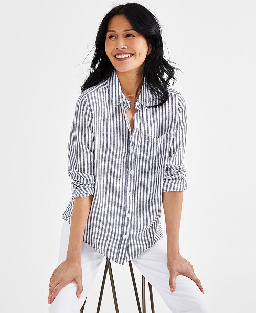 Style & Co Petite Linen Blend Beach Stripe Perfect Shirt Created For Macy's Women's Fashion Shoes & Accessories