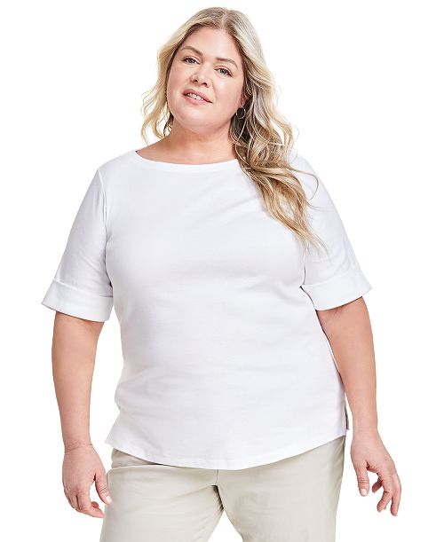Style & Co Plus Size Boat-Neck Elbow Sleeve Cotton Top Exclusively at Macy's Women's Fashion Shoes & Accessories