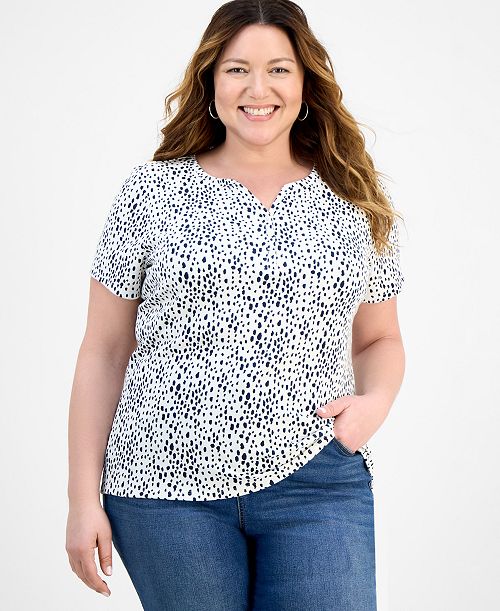 Style & Co Plus Size Printed Henley Short-Sleeve Top Exclusively At Macy's Women's Fashion Shoes & Accessories