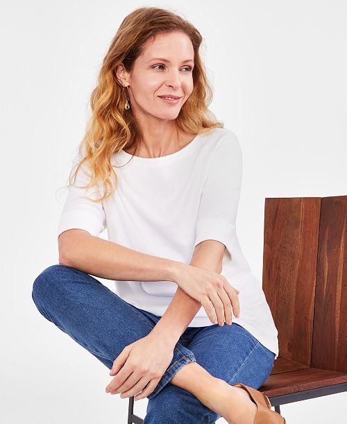 Style & Co Women's Boat-Neck Elbow Sleeve Cotton Top Exclusively at Macy's Women's Fashion Shoes & Accessories