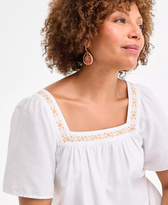 Style & Co Women's Cotton Gauze Embroidered-Trim Square-Neck Midi Dress Exclusively At Macy's Women's Fashion Shoes & Accessories