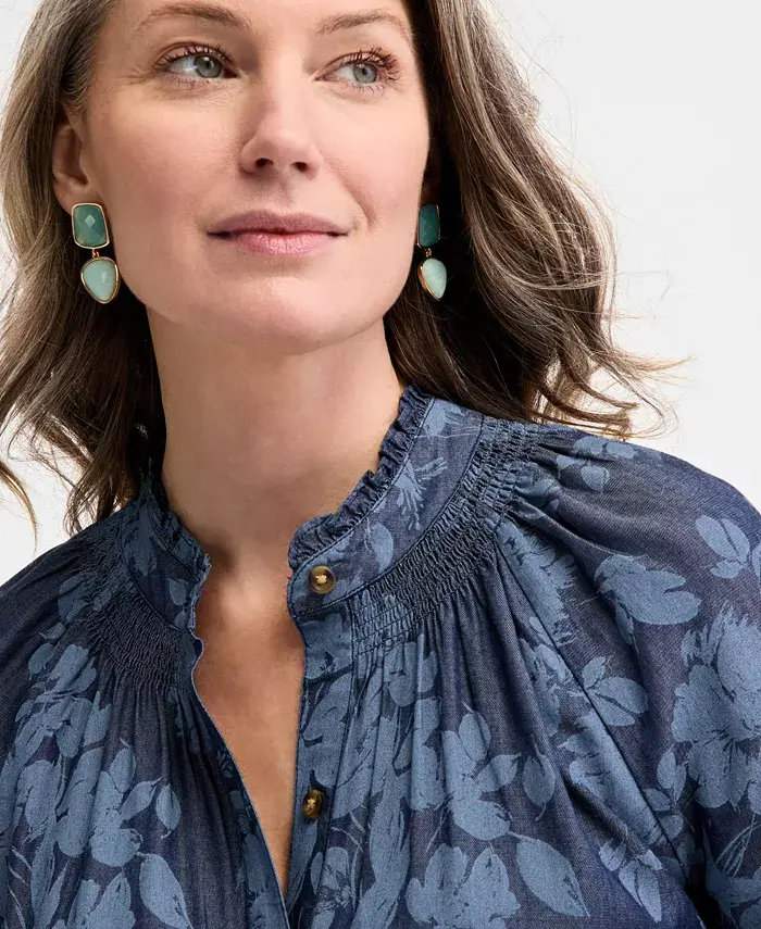 Style & Co Women's Floral Chambray 3/4-Sleeve Tiered Dress Exclusively At Macy's Women's Fashion Shoes & Accessories