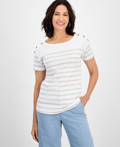 Style & Co Women's Pima Cotton Button-Shoulder Top Exclusively at Macy's Women's Fashion Shoes & Accessories