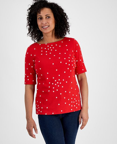 Style & Co Women's Printed Boat-Neck Elbow-Sleeve Top Exclusively at Macy's Women's Fashion Shoes & Accessories