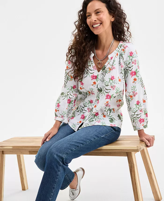 Style & Co Women's Printed Cotton Gauze Split-Neck Blouse Exclusively At Macy's Women's Fashion Shoes & Accessories