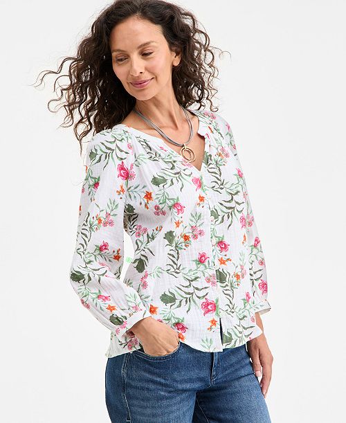 Style & Co Women's Printed Cotton Gauze Split-Neck Blouse Exclusively At Macy's Women's Fashion Shoes & Accessories
