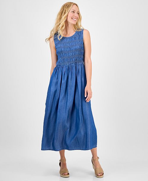 Style & Co Women's Smocked Chambray Midi Dress Exclusively at Macy's Women's Fashion Shoes & Accessories