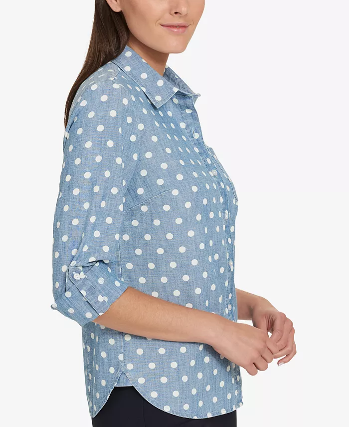 Tommy Hilfiger Women's Cotton Printed Roll-Tab Utility Shirt Women's Fashion Shoes & Accessories