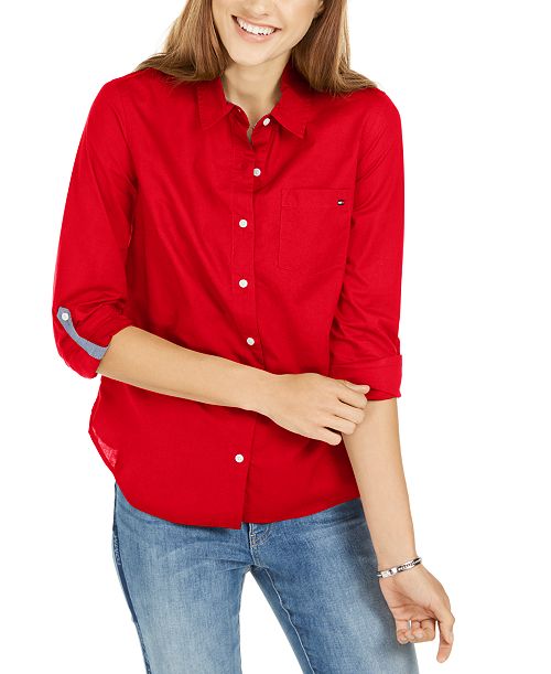 Tommy Hilfiger Women's Cotton Roll-Tab Button-Up Shirt Women's Fashion Shoes & Accessories