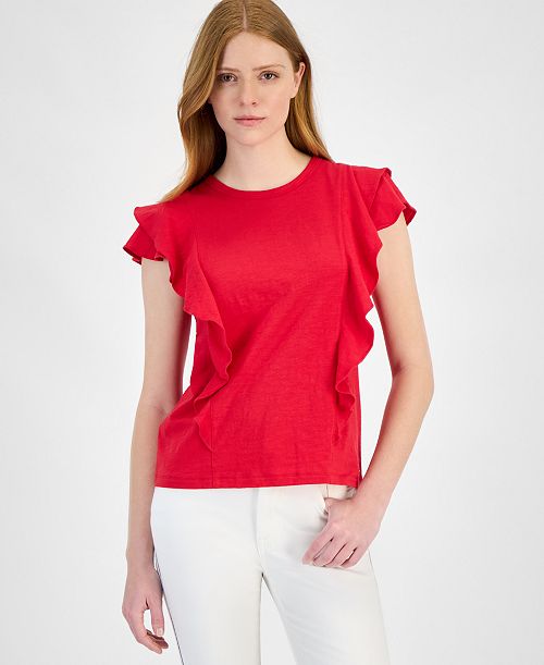 Tommy Hilfiger Women's Cotton Ruffled-Front T-Shirt Women's Fashion Shoes & Accessories