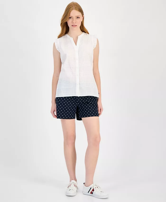 Tommy Hilfiger Women's Cotton Tonal-Plaid Ruffled-Sleeve Shirt Women's Fashion Shoes & Accessories