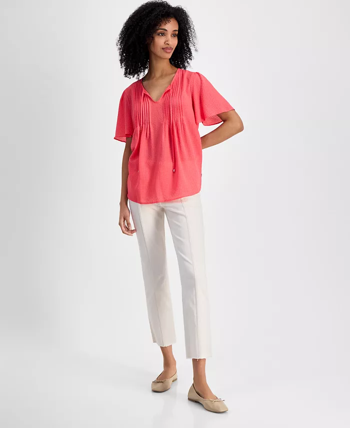Tommy Hilfiger Women's Gingham Pintucked Top Women's Fashion Shoes & Accessories