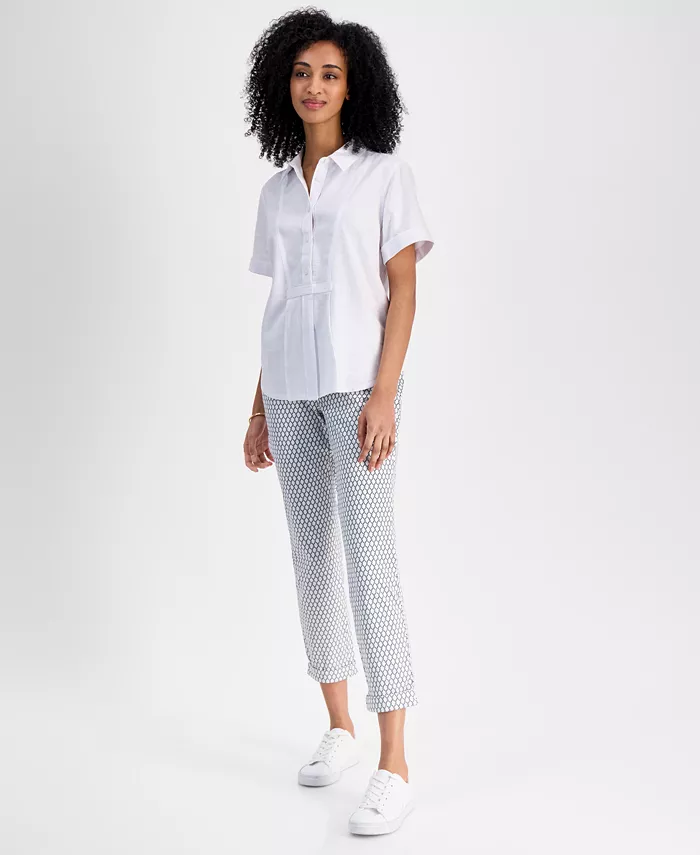 Tommy Hilfiger Women's Linen-Blend Short-Sleeve Shirt Women's Fashion Shoes & Accessories