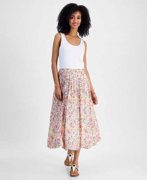 Tommy Hilfiger Women's Mixed Media Floral Dress Women's Fashion Shoes & Accessories