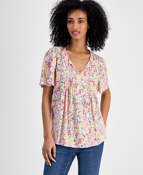 Tommy Hilfiger Women's Pintucked Floral-Print Top Women's Fashion Shoes & Accessories