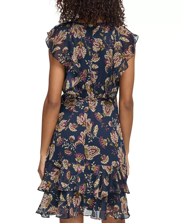 Tommy Hilfiger Women's Printed Flutter-Sleeve Ruffle Dress Women's Fashion Shoes & Accessories