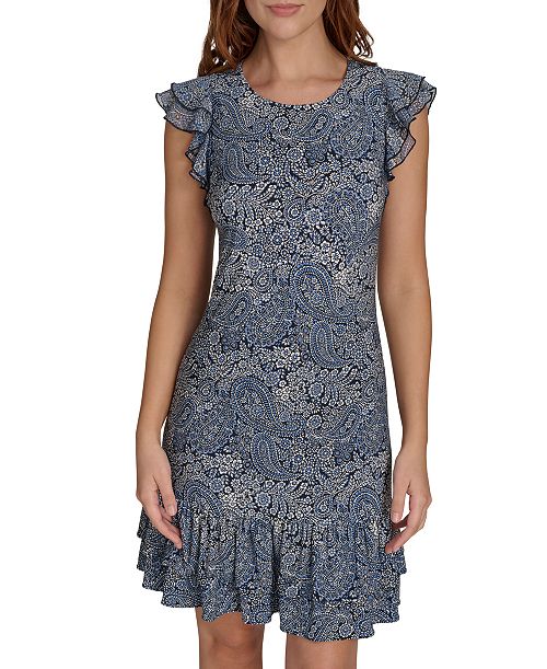 Tommy Hilfiger Women's Printed Flutter-Sleeve Shift Dress Women's Fashion Shoes & Accessories