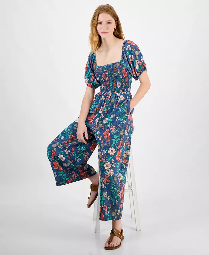 Tommy Hilfiger Women's Square-Neck Smocked Jumpsuit Women's Fashion Shoes & Accessories