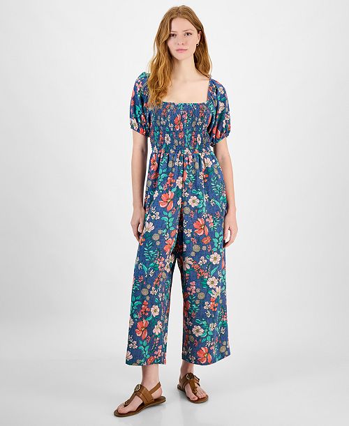 Tommy Hilfiger Women's Square-Neck Smocked Jumpsuit Women's Fashion Shoes & Accessories