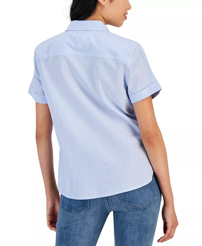Tommy Hilfiger Women's Striped Cotton Camp Shirt Women's Fashion Shoes & Accessories