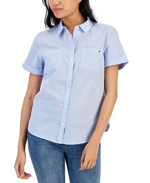 Tommy Hilfiger Women's Striped Cotton Camp Shirt Women's Fashion Shoes & Accessories