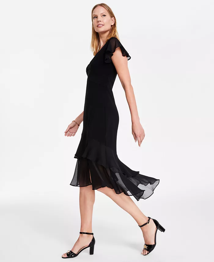 Tommy Hilfiger Women's V-Neck Chiffon-Trim Midi Dress With Flutter Sleeves Women's Fashion Shoes & Accessories