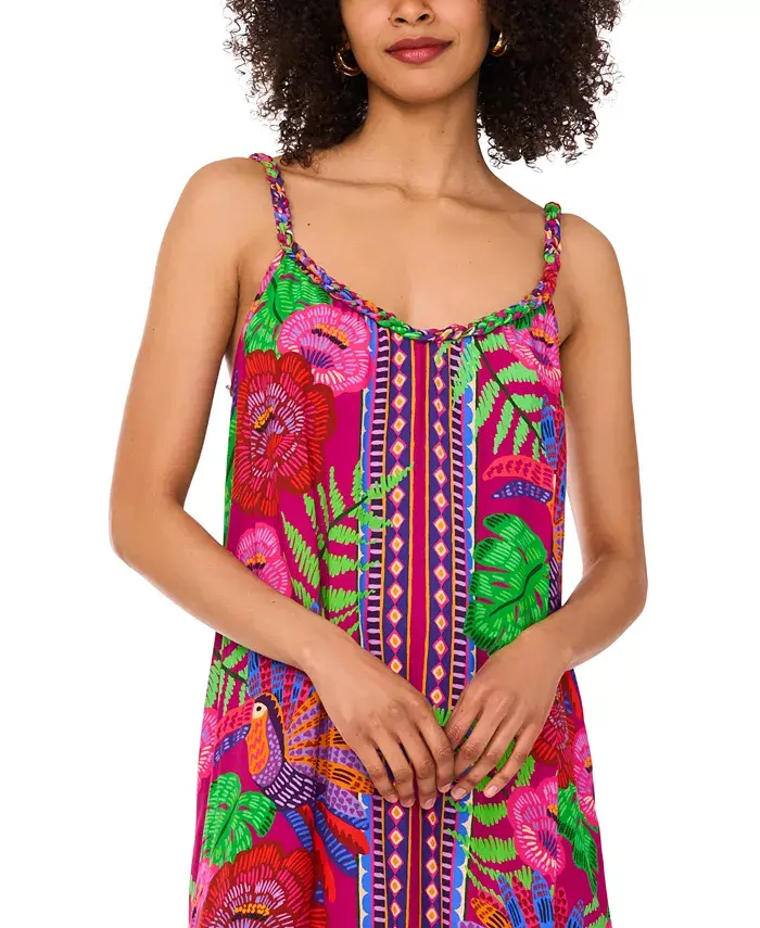 Vince Camuto Women's Braided-Neck Floral-Print Maxi Dress Women's Fashion Shoes & Accessories