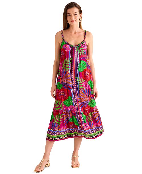 Vince Camuto Women's Braided-Neck Floral-Print Maxi Dress Women's Fashion Shoes & Accessories