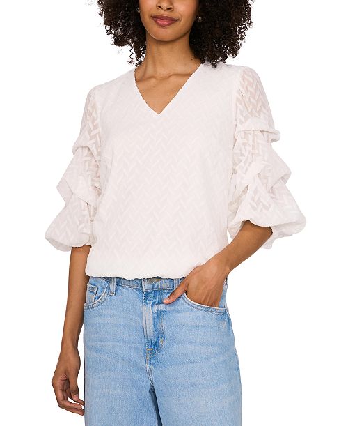 Vince Camuto Women's Bubble-Sleeve Jacquard Top Women's Fashion Shoes & Accessories