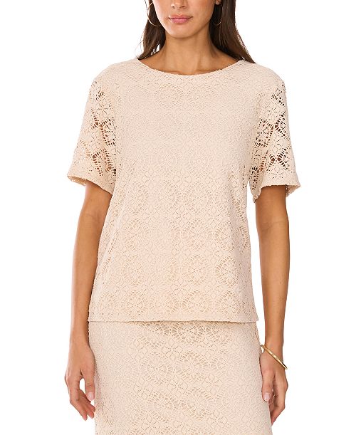 Vince Camuto Women's Crochet Short-Sleeve Blouse Women's Fashion Shoes & Accessories
