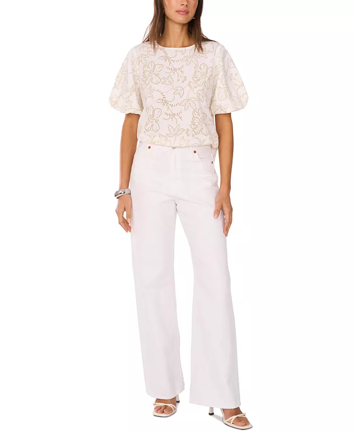 Vince Camuto Women's Embroidered Puff-Sleeve Top Women's Fashion Shoes & Accessories