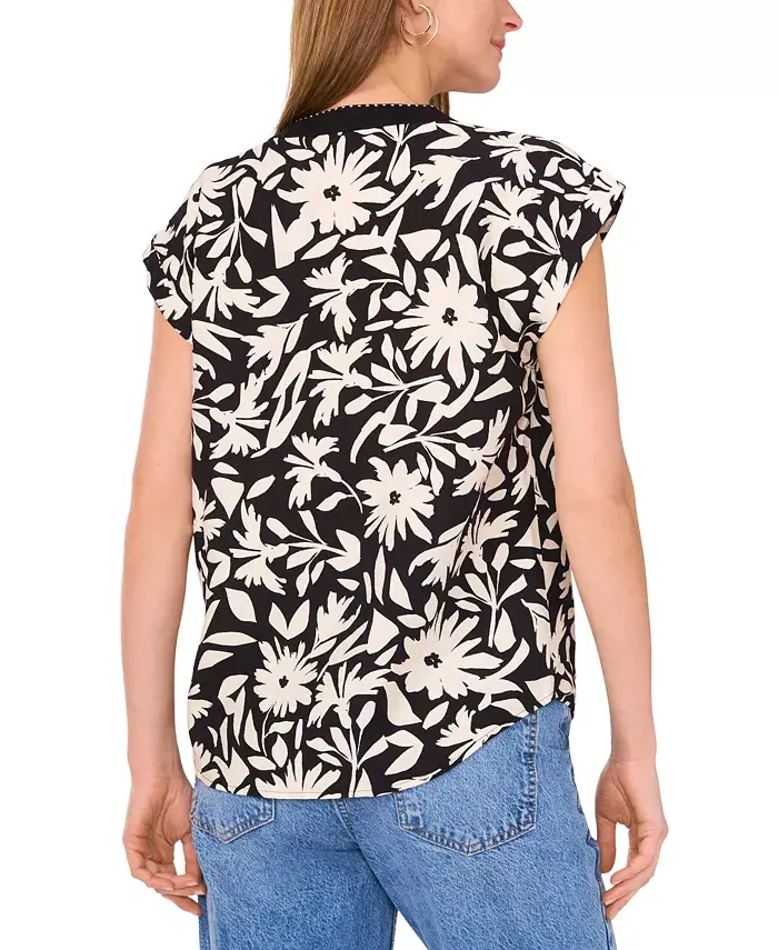 Vince Camuto Women's Floral-Print Split-Neck Cap-Sleeve Top Women's Fashion Shoes & Accessories