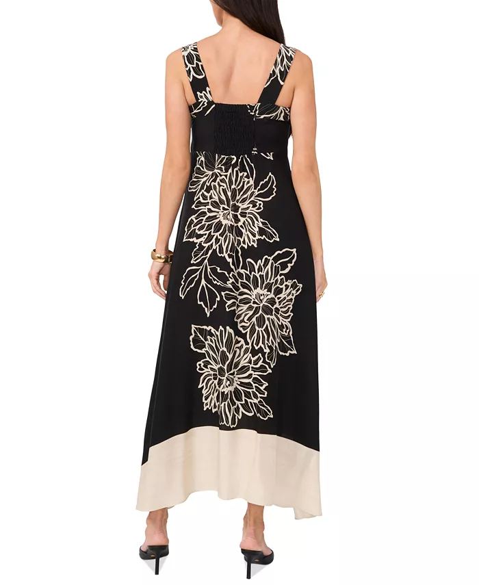 Vince Camuto Women's Floral Square-Neck Smocked-Back Sleeveless Maxi Dress Women's Fashion Shoes & Accessories