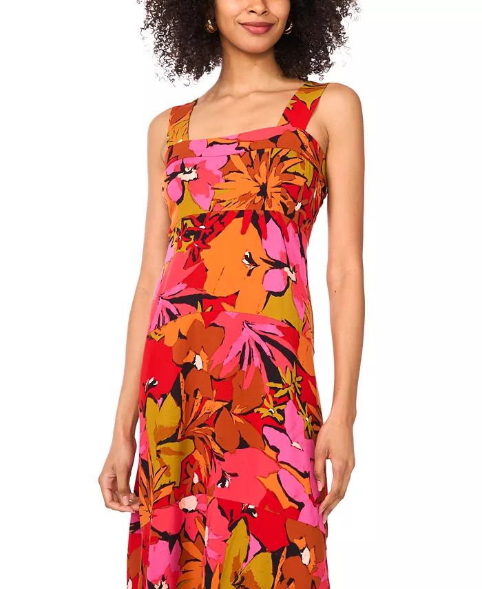 Vince Camuto Women's Floral Square-Neck Smocked-Back Sleeveless Maxi Dress Women's Fashion Shoes & Accessories