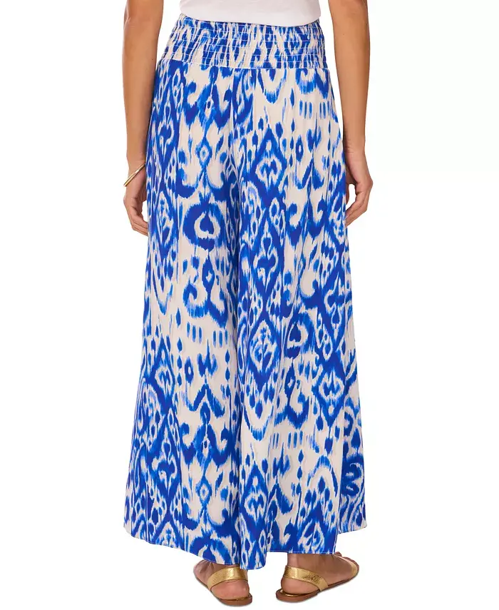 Vince Camuto Women's Ikat-Print Smocked-Waist Pull-On Wide-Leg Pants Women's Fashion Shoes & Accessories