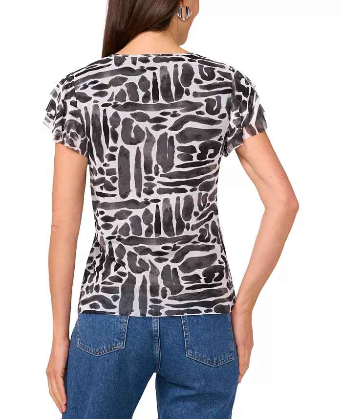 Vince Camuto Women's Printed Flutter-Sleeve Top Women's Fashion Shoes & Accessories