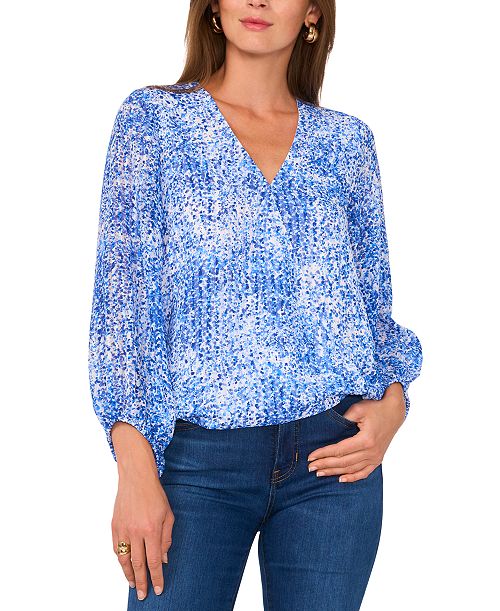 Vince Camuto Women's Printed V-Neck Balloon-Sleeve Faux-Wrap Top Women's Fashion Shoes & Accessories