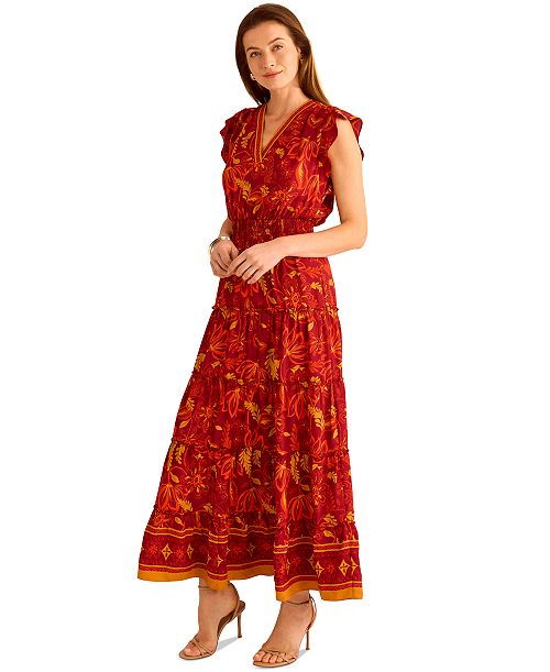 Vince Camuto Women's Ruffle-Sleeve Tiered Maxi Dress Women's Fashion Shoes & Accessories
