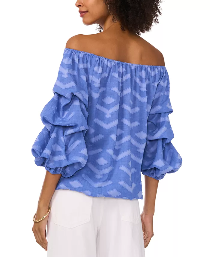 Vince Camuto Women's Textured Off-The-Shoulder Bubble 3/4-Sleeve Tie-Front Blouse Women's Fashion Shoes & Accessories