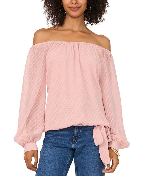 Vince Camuto Women's Textured Off-The-Shoulder Long-Sleeve Tie-Front Blouse Women's Fashion Shoes & Accessories