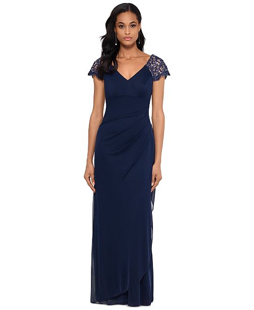 XSCAPE Lace-Sleeve Chiffon Gown Women's Fashion Shoes & Accessories