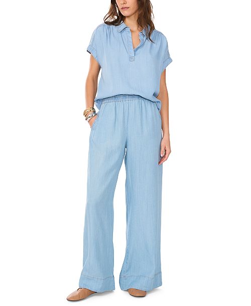 1.STATE Women's Chambray Johnny-Collar Top & Chambray Wide-Leg Pants Women's Fashion Shoes & Accessories
