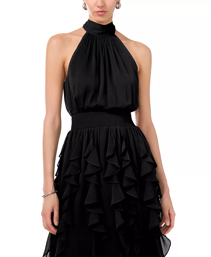 1.STATE Women's Smocked Cascade-Ruffle Halter Maxi Dress Women's Fashion Shoes & Accessories
