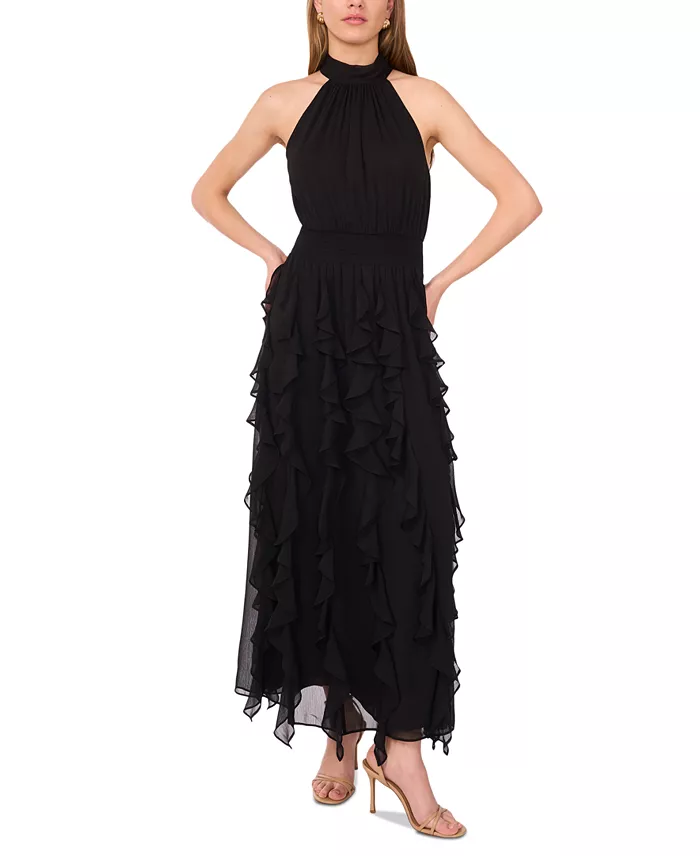 1.STATE Women's Smocked Cascade-Ruffle Halter Maxi Dress Women's Fashion Shoes & Accessories