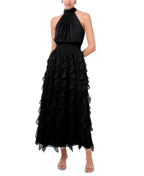 1.STATE Women's Smocked Cascade-Ruffle Halter Maxi Dress Women's Fashion Shoes & Accessories