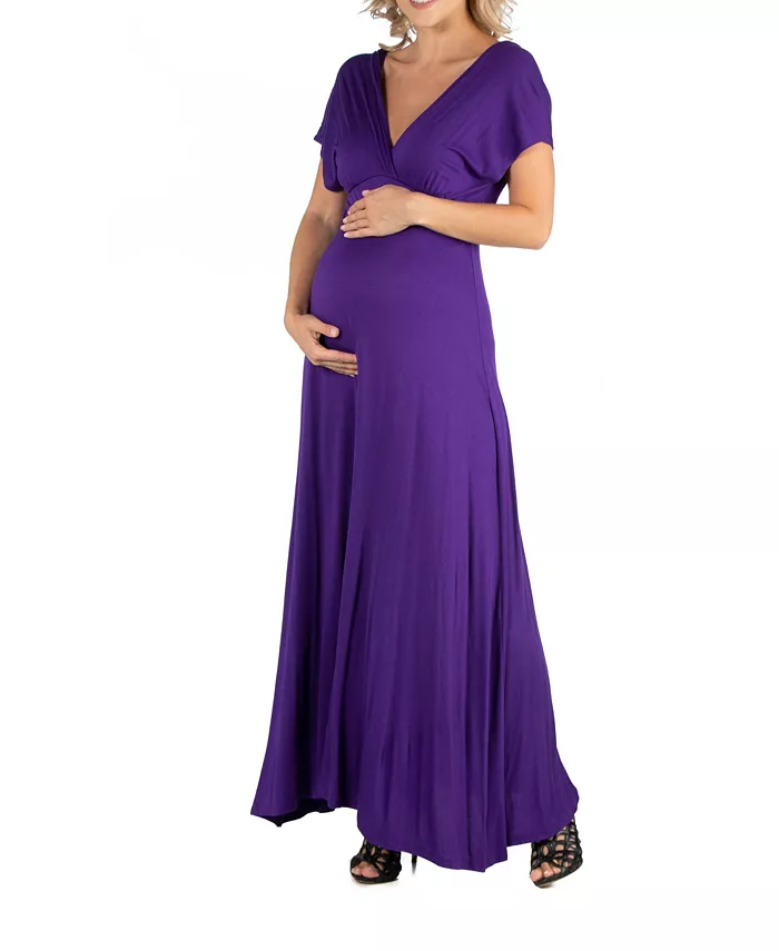 24seven Comfort Apparel Cap Sleeve V Neck Maternity Maxi Dress Women's Fashion Shoes & Accessories