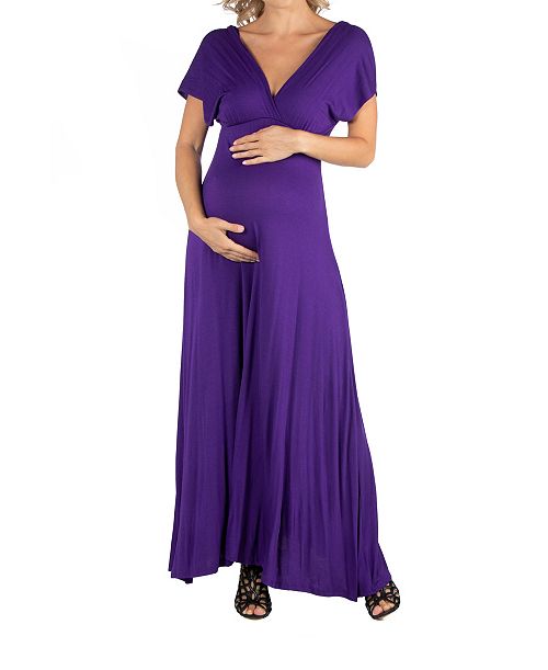 24seven Comfort Apparel Cap Sleeve V Neck Maternity Maxi Dress Women's Fashion Shoes & Accessories