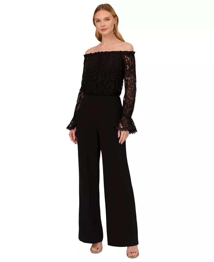 Adrianna Papell Off-The-Shoulder Lace Jumpsuit Women's Fashion Shoes & Accessories